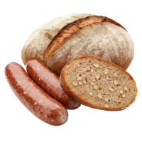 Whole wheat bread and sausage arranged elegantly on a Transparent background for a culinary presentation, Whole wheat bread and Sausage isolated on background png