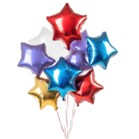 Colorful star shaped balloons with shining surfaces on a white background for celebrations, bunch balloons with stars on the side, white background png