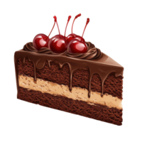 Indulgent chocolate cake with rich frosting and cherries perfect for dessert lovers, piece chocolate cake with chocolate frosting and cherries, Transparent background png