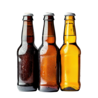 Assorted beer bottles with condensation against a Transparent background showcasing refreshing summer beverages, Upper part three beer bottles background png