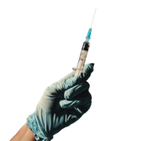 Gloved hand holds syringe ready for injection in a clinical setting, Hand in a Glove Holding Syringe png