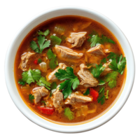 Hot and spicy pork soup garnished with fresh herbs on a white background, hot and spicy soup with porkisolated on white background png