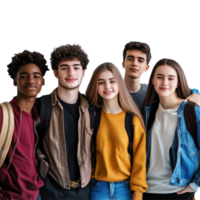 Group of diverse high school students standing together in a studio setting with white background, Group students isolated on white png