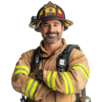 Friendly and confident firefighter smiling with arms crossed in uniform, firefighter portrait, friendly smiling arms crossed isolated on solid white background png