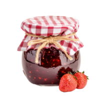 Homemade strawberry jam jar with gingham cloth cover and fresh berries on display, Jar Homemade Strawberry Jam with Gingham Cloth Cover on Transparent background png
