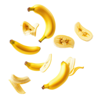 Falling slices of banana create a playful display against a bright white background, Falling flying banana slices isolated on white background png
