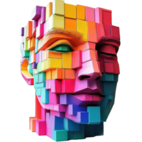 Colorful abstract sculpture of a face made from vivid blocks on a Transparent background, colorful sculpture a face made out blocks, background png