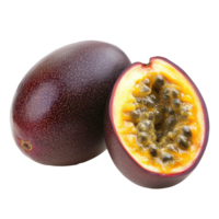 Fresh passion fruit cut in half showcasing vibrant pulp and seeds against a clean Transparent background, Passion fruit isolated in background format png
