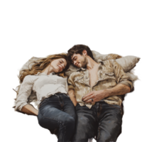 Couple relaxing on a blanket in a cozy moment of intimacy and connection, painting a couple laying down on a blanket, Transparent background png