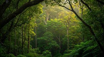 Lush Green Forest Scene with Sunlight Shining Through the Trees photo