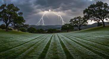 Striking Lightning Over Rolling Green Hills with Moody Storm Clouds photo