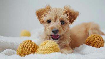 A small dog is playing with some yellow balls photo