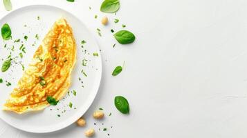 Omelet with spinach and herbs on white plate top view photo