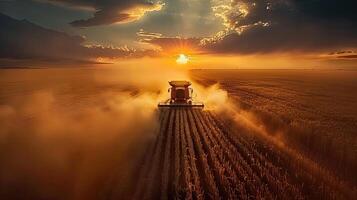 A tractor is driving through a field at sunset photo