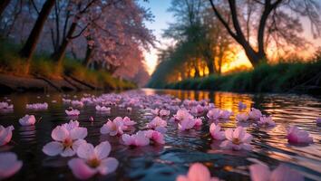 Floating Blossoms in Stream at Sunset with Reflection on Water photo