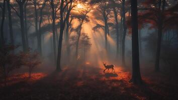 Deer in Forest with Sunlight Beams Shining Through the Trees photo