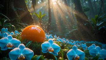 Orange Sphere and Blue Orchids in a Forest with Sun Rays photo