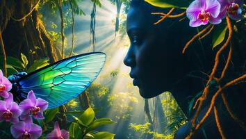 Woman Gazing at Butterfly in Forest with Sunlight and Orchids photo