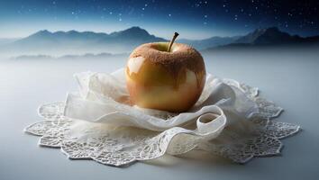 Caramel Apple Dessert on Lace with Mountains and Starry Sky photo
