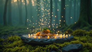 Glowing Food Display in Forest with Magical Light and Candles photo