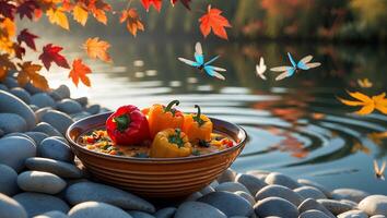 Colorful Peppers in Bowl Near Lake with Autumn Leaves and Dragonflies photo