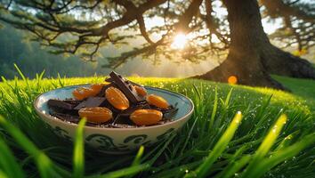 Chocolate and Dried Apricots in Bowl Sitting in Grassy Meadow photo
