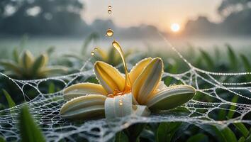 Flower with Honey Being Poured on Cobweb in Early Morning Light photo
