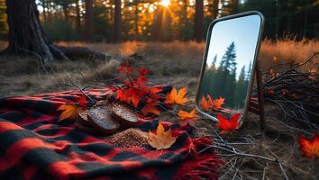 Autumn Picnic in Forest with Mirror Reflecting Trees and Sunlight photo