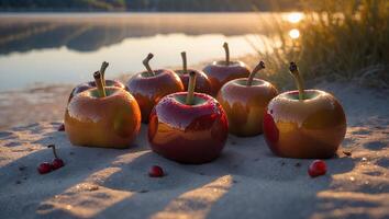 Apples on Sandy Shore with Sunset Reflection Over Calm Water photo