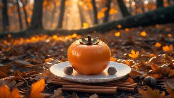 Autumnal Still Life with Persimmon Cinnamon Sticks and Falling Leaves photo