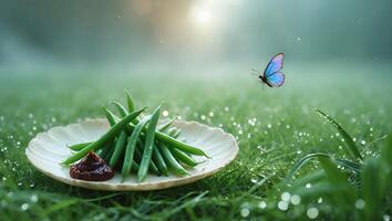 Green Beans and Butterfly on Grassy Lawn in Morning Light photo