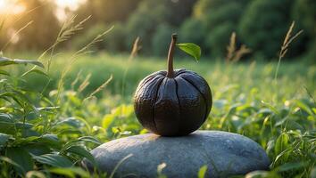 Dark Pumpkin Resting on Stone with Leafy Stem in Field photo