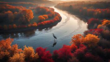 Heron Standing in River Surrounded by Autumnal Trees From Above photo