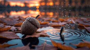 Fish Jumping Out of Water Near Acorn and Autumn Leaves photo