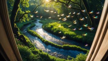 Dragonflies Flying Above Forest Stream Seen Through Open Window photo