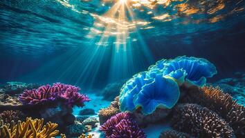 Underwater Coral Reef with Sunlight Rays and Aquatic Plants Scene photo