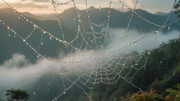 Spiderweb Covered in Water Droplets with Mountain Views Background photo