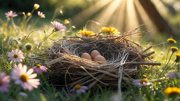 Eggs Resting Securely in Nest Surrounded by Flowers in Meadow Sunlight photo