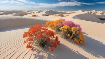 Exploring Colorful Desert Plants Amidst Rolling Sand Dunes Under Blue Sky photo