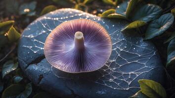 Mushroom Growing on a Rock Covered in a Dewy Web photo