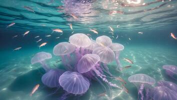 Jellyfish Swim in Ocean with Fish photo