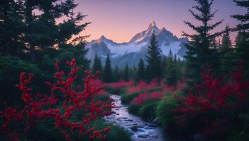 Mountain Stream Flowing Through Forest with Berries at Sunset photo