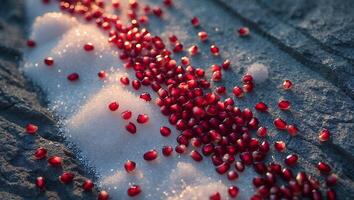 Scattered Pomegranate Seeds on Sparkling Sugar and Textured Stone Surface photo