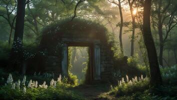 Exploring Stone Archway in Forest with Sunlight and Flowers photo