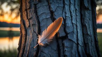 A feather is resting on a tree trunk at sunset photo
