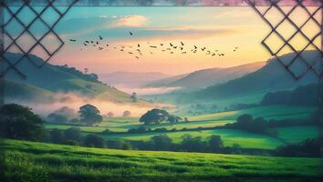 Rolling Green Hills and Misty Valley at Sunrise with Flying Birds photo