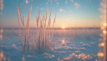 Frozen Grass Landscape at Sunrise with Snow Covered Field photo