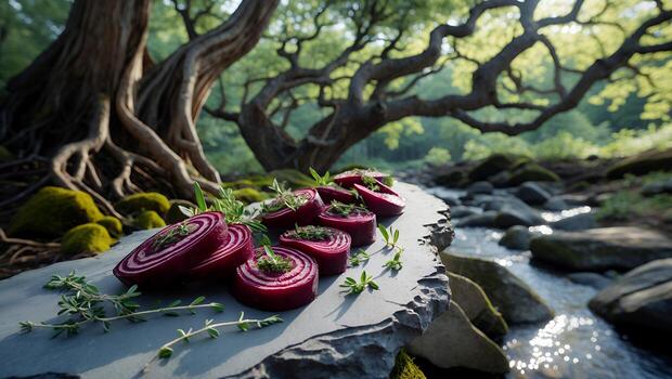 Sliced Red Beetroot with Herbs on Stone Slab by Stream photo