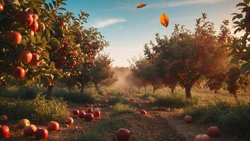 Walking Through Orchard with Ripe Apples and Falling Autumn Leaf photo