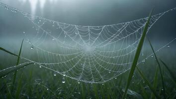 Dew Covered Spiderweb in Morning Mist Hanging Over Green Grass photo